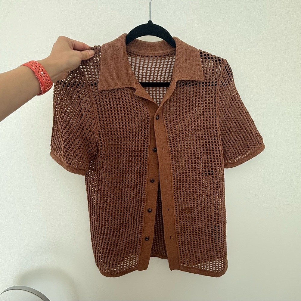 Women's Brown Mesh Button Down Shirt